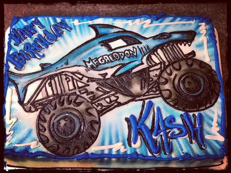 www.facebook.com/cakesbyamos Megladon Shark Monster Truck Cake, Monster Jam Megalodon Birthday, Megalodon Monster Truck Birthday Cake, Megalodon Monster Truck Birthday Party, Megalodon Monster Truck Cake, Megladon Monster Truck Cake, Monster Jam Sheet Cake, Monster Jam Birthday Cake, Monster Truck Theme Birthday Party