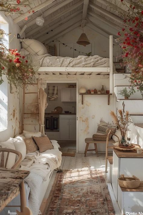 Cute Tiny House Interior, Shed Bedroom Ideas Living Spaces, Small Cottage Interiors Bedroom, Small Boho Room Ideas, Small Relaxing Room Ideas, French Cottage House Interior, Studio Cottage Interior, Cozy Tiny House Interior, Small Houses Interiors