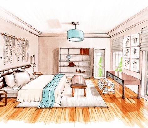 Interior Design Presentation Layout, Bedroom Watercolor, Watercolor Bedroom, Perspective Room, House Design Drawing, Spring Bedroom, Interior Design Renderings, Drawing Interior, Interior Design Drawings