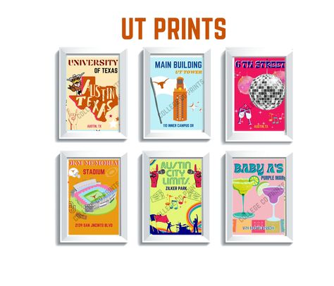 Ut Austin Room Decor, Ut Austin Prints, Ut Austin Dorm, College Prints, College Dorm Art, Ut Texas, College Help, Dorm Decor College, Blue Dorm