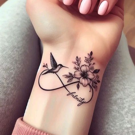 Infinity Hummingbird Tattoo, Woman Tattoo Ideas Unique Inspiration, Leg Tattoo Ideas Female, Dainty Hummingbird Tattoo, Tato Minimal, Cool Wrist Tattoos, Pretty Hand Tattoos, Tattoos For Women Flowers, Tasteful Tattoos