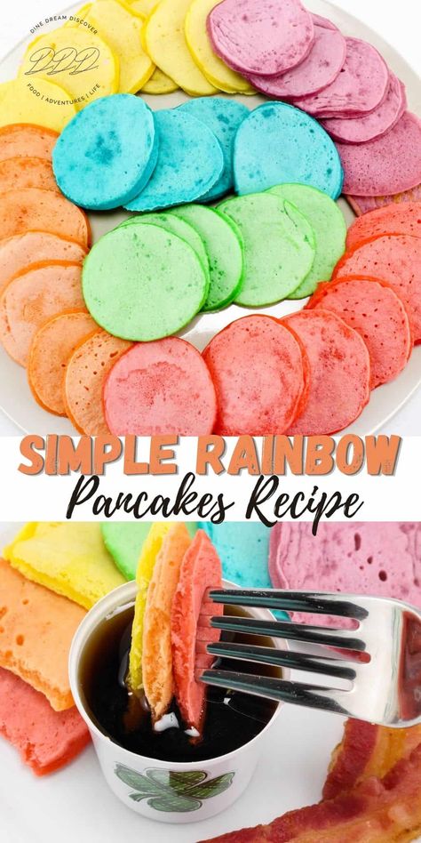 Kids love colorful things and the Rainbow Pancakes will surely brighten anyone's day. Whether you are making them for breakfast, a quick snack, or even breakfast for dinner, they are a fun treat for the entire family. Colorful Pancakes, Food Coloring Tie Dye, Breakfast Pizzas, Rainbow Pancakes, Colorful Things, Rainbow Food, Quick Snack, Nutritious Breakfast, Breakfast Pizza