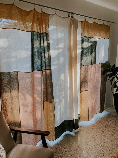 Sewing Project: Patchwork Linen Window Treatments – the thread Cheesecloth Curtains Diy, Diy Sew Curtains, Bedsheet Curtains Diy, Korean Patchwork Curtains, Loft Windows Ideas Curtains, Shower Curtain Art Diy, Old Curtains Repurpose, Jogakbo Curtain, Linen Sewing Projects