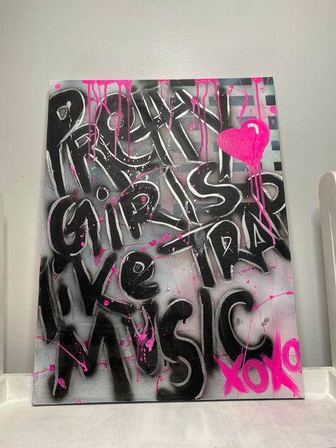 Punk Canvas Painting, Graffiti Canvas Art Ideas, Graffiti Art Painting, Trap Painting Ideas, Art Wall Canvas, Graffiti Art On Canvas, Graffiti On Canvas, Grafitti Painting, Pretty Girls Like Trap Music