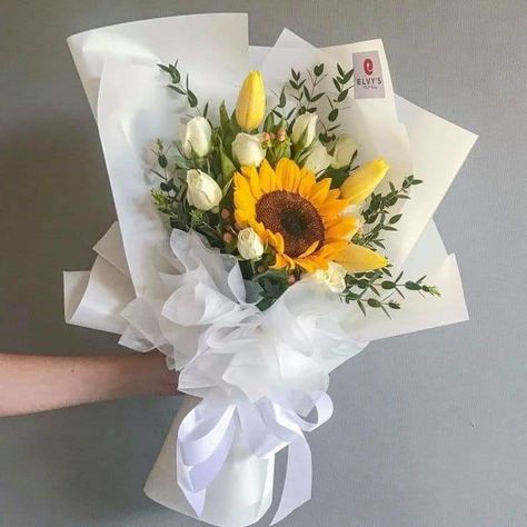 Tulip Sunflower Bouquet, Tulip And Sunflower Bouquet, Sunflowers And Tulips, Sunflower Bucket, Graduation Flower Bouquet, Graduation Flowers, Small Yellow Flowers, Flower Growing, Diy Bouquet Wrap