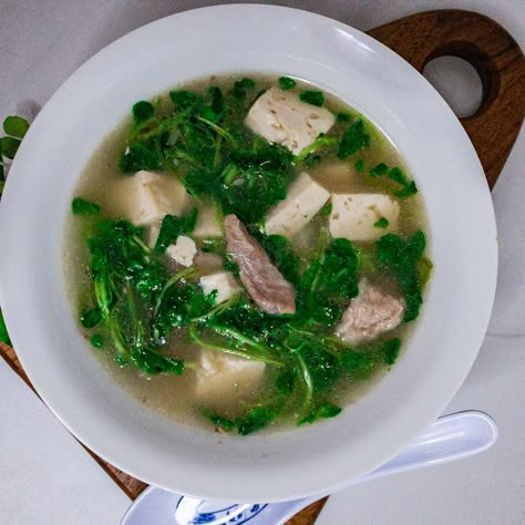 Pork Tofu Watercress Recipe, Pork Tofu Recipe, Bean Sprouts Recipe, Ono Kine Recipes, Bean Sprout Recipes, Watercress Recipes, Watercress Soup, Tofu Soup, Ginger Pork