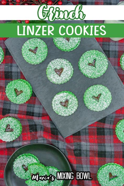 Simple Cookie Dough Recipe, Linzer Cookie, Fruity Cookies, Green Butter, Grinch Cookies, Snowball Cookie Recipe, Christmas Dessert Table, Linzer Cookies, Snowball Cookies