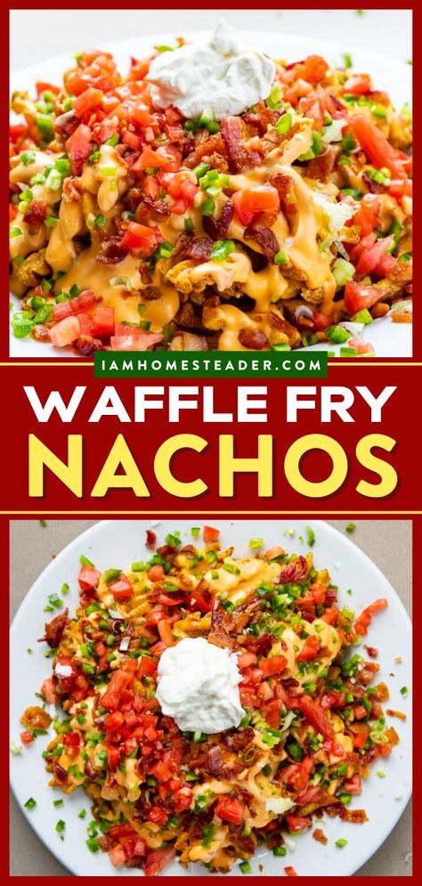 Easy finger food ideas like this loaded waffle fry nachos are the ultimate appetizers! This waffle fries recipe features waffle fries that are smothered with cheese sauce and topped with bacon, sour cream, onions, tomatoes, and jalapeno peppers. A must-try! Onion Ring Nachos, Waffle Fry Nachos, Waffle Fries Recipe, Fry Nachos, Cream Onions, Football Party Food Appetizers, Cheesy Bacon Chicken, Gameday Food, Breakfast Nachos