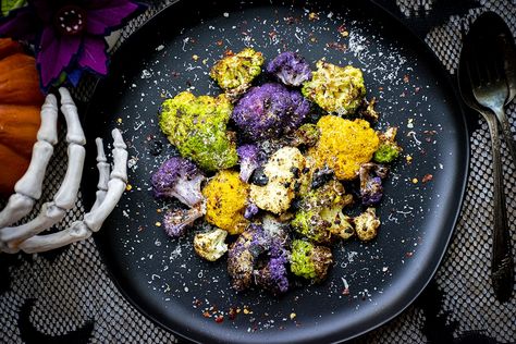 Colorful cauliflower is transfigured into a magical dish covered with cobweb cheese for HALLOWEEN! A spooky side dish for dinner. Side Dish For Dinner, Creepy Halloween Food, Halloween Dishes, Cauliflower Recipe, Black Garlic, Halloween Food, Creepy Halloween, Cauliflower Recipes, Dinner Dishes