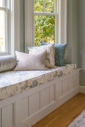 A Window Seat for Every Room - Susan Said... WHAT?! Built Out Window Seat, Window Seat Curved, Window Seat Measurements, Staircase Window Seat, Window Bench Seat Depth, Primary Bedroom Window Seat, Window Bench Ideas, Staircase Window, Custom Made Wondow Benches With Cushions