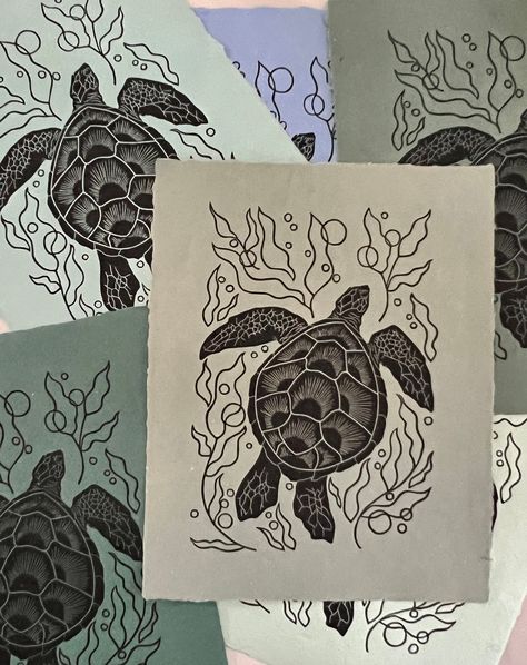 Handmade linocut print.  This print is of a sea turtle amongst seaweed.  Turtles are printed onto handmade paper measuring approximately 11x14".   Sea turtles are printed using Speedball Art Professional ink. Because these prints are made by hand, each one will vary slightly. Each print is titled and signed. Sea Turtles, A Sea, Linocut, Sea Turtle, Handmade Paper, Turtles, Wall Decor, Art, Wall Décor