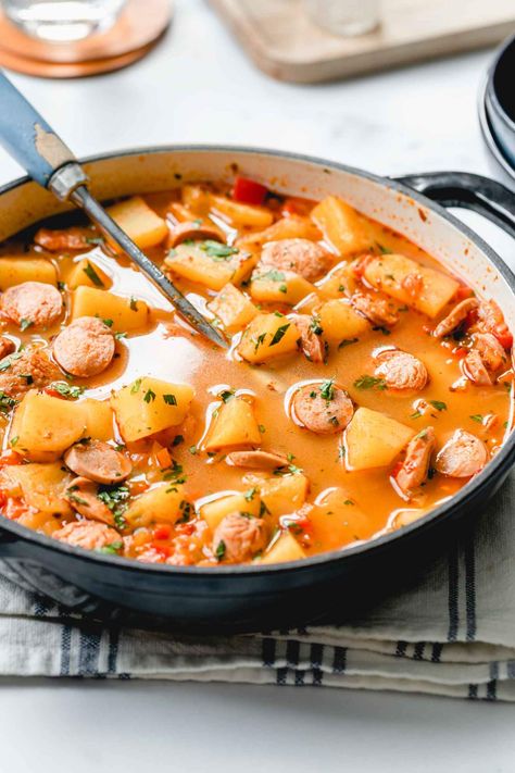 Potato Goulash with Sausage is a simple and delicious childhood favorite dinner. It's quick to make, and the kids adore it. This dairy-free recipe is the perfect midweek dish for potato lovers and it’s made in about 45 minutes. #jernejkitchen #potato #goulash #vegetariangoulash #dinner #quickdinner #familydinner #dairyfree Sausage Goulash, Potato Goulash, Potato And Sausage, Roasted Smashed Potatoes, How To Make Potatoes, Spinach Curry, Sausage Potatoes, Favorite Dinner, Incredible Recipes