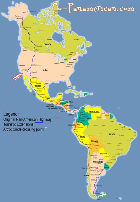 Travel the Pan-American Highway end to end which crosses the following countries: Canada, USA, Mexico, Guatemala, El Salvador, Honduras, Nicaragua, Costa Rica, Panama, Colombia, Ecuador, Peru, Chile and Argentina. - Just throwing it out there Pan American Highway, Highway Map, Motorcycle Trip, Road Maps, Road Trip Map, World Thinking Day, Bicycle Travel, American Road, Pan American