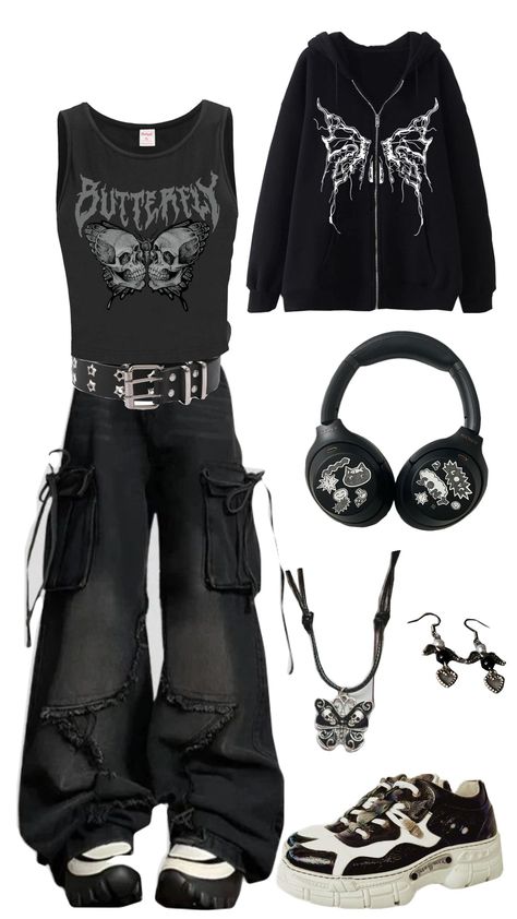 #grunge #grungeaesthetic #emo #ootd #outfit #black #metal Aesthetic Emo Clothes, Cute Emo Clothes Aesthetic, Emo Academia Outfit, Metallic Aesthetic Outfit, Streetrace Aesthetic Outfits, Darkcore Aesthetic Outfits, Black Grunge Outfit Aesthetic, Emo Back To School Outfits, Emo Y2k Grunge Outfits