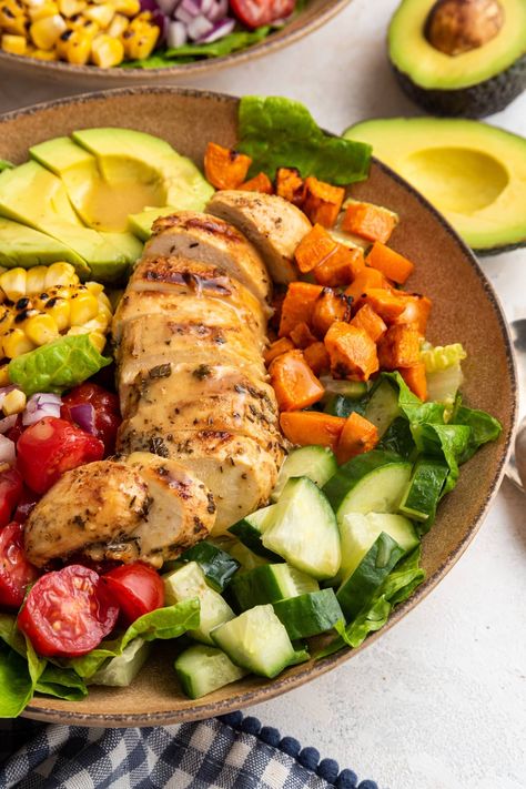 Potatoes And Avocado, Homemade Honey Mustard Dressing, Veggies Grilled, Sweet Potato Salad Recipe, Avocado Salad Dressing, Chicken Fresh, Homemade Honey Mustard, Chicken Salad Recipe Easy, Healthy Potatoes