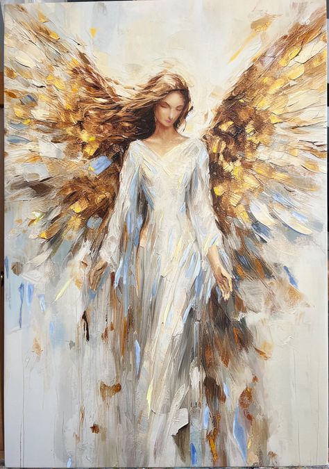 Angel Canvas Print, Christian Painting, Angelic Art, Biblical Angel Title: An angel in white with golden wings. Size: variable This beautiful angel is printed on canvas, then the artist adds strokes and vibrant paint. The final stage is covered with varnish. All of our canvases are made in the USA Please note, the poster option comes without a stretcher! Our paintings are housed in certified dried frames and are Ready to Hang. Original exclusive paintings feature exquisite detail and beautiful c Angel Drawings Beautiful, Angel Canvas Art, Drawing Angels Step By Step, Wall Art Angels, Angel Wings Paintings, Abstract Angels Paintings, Mixed Media Angel Art, Acrylic Painting Angel, Christmas Angel Painting Easy