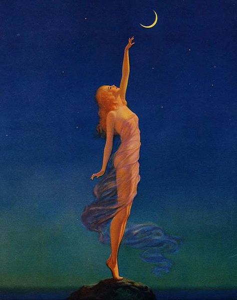 Download Image of "Reaching for the moon", painting by Edward Mason Eggleston. Free for commercial use, no attribution required. "Reaching for the moon", painting by Edward Mason Eggleston. Print by U. Rae Colson.. Dated: 01.02.1933. Topics: illustrations by edward mason eggleston, people with the moon in art, art deco, edward mason eggleston, famous paintings in public domain Edward Mason, Reaching For The Moon, Art Sinistre, Altar Art, Maxfield Parrish, Moon Artwork, Arte Inspo, Creepy Art, Antique Paint