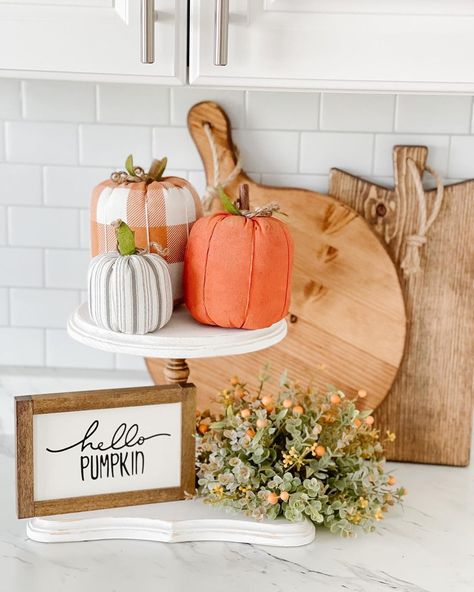 Home Decor • Modern Farmhouse on Instagram: “There’s nothing better then a cute tiered tray for fall + new arrivals 🍂 . . . . #tieredtraydecor #tieredtray #tieredtrayinspo…” Autumn Coffee Table Decor, Fall Coffee Table Decor, Kitchen Countertop Decor, Fall Tiered Tray Decor, Countertop Decor, Work Space Decor, Counter Decor, Wood Pumpkins, Fall Thanksgiving Decor