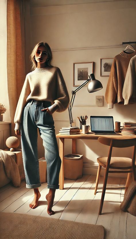 Model in a cozy work-from-home outfit with high-waisted jeans and oversized sweater, in a warm home office setup. Work From Home Outfit Winter, Writer Style, Work From Home Outfit, Mom Outfit, Denim Looks, Winter Work, Cozy Chic, Work Looks, Home Outfit