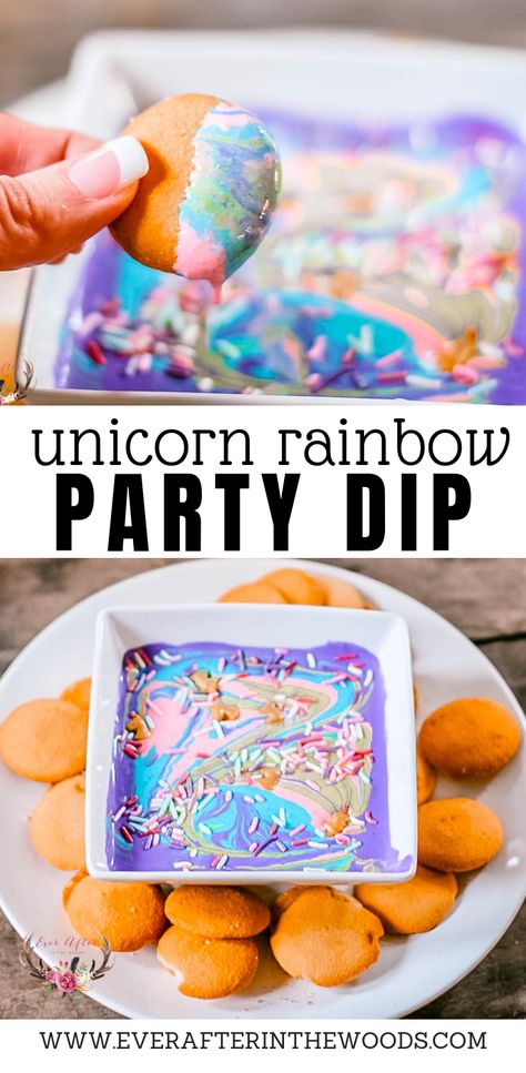 Unicorn Poop Rainbow Dessert Dip - Ever After in the Woods Unicorn Dip, Unicorn Rainbow Party, Rainbow Recipes, Hot Fudge Cake, Easy Party Desserts, Rainbow Desserts, Pride Party, Unicorn Desserts, Hot Chocolate Fudge