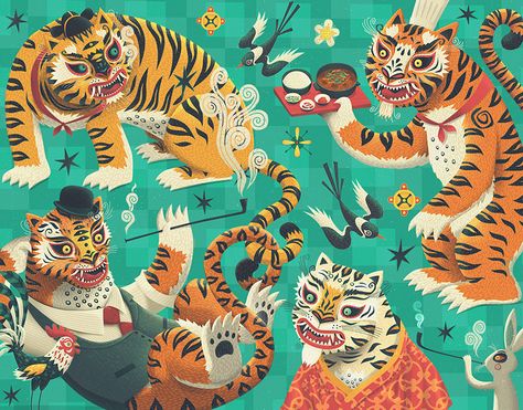 Steve Simpson on Behance Seni Korea, Korean Painting, Korean Restaurant, Tiger Art, Korean Art, Folk Tales, Arts And Crafts Movement, Behance Net, 귀여운 동물