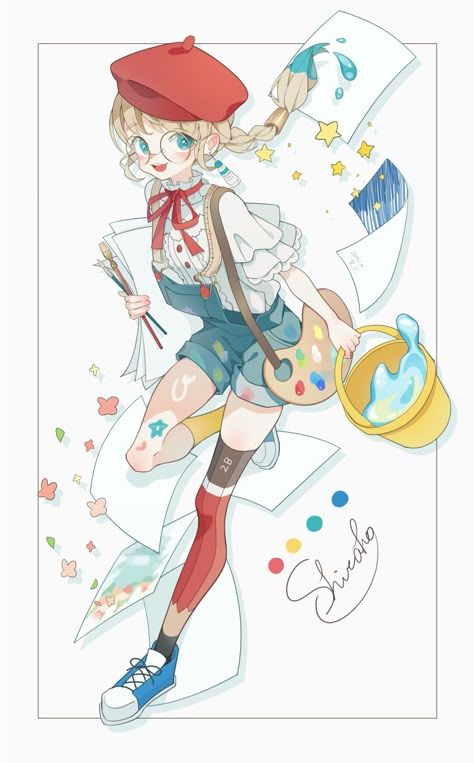 Painter Oc Art, Painter Drawing Character Design, Painter Outfit Ideas, Painter Pose Reference, Painter Pose, Kawaii Clothes Drawing, Painter Character Design, Cute Clothes Drawing, Painter Clothes