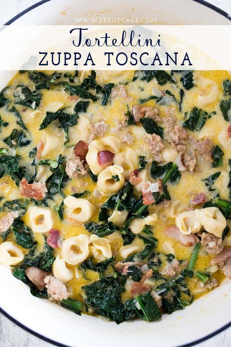 Tortellini Kale Soup Recipes, Zuppa Toscana With Tortellini, Tortellini Kale Soup, Zupa Toscana Soup, Kale Tortellini Soup, Recipe Italian Sausage, Weeknight Soup, Olive Garden Zuppa, Olive Garden Zuppa Toscana