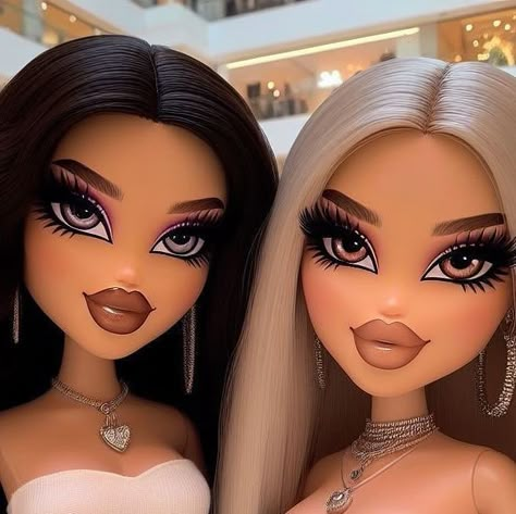 Bratz Bionda E Mora, Bratz Duo, Bratz With Black Hair, Bratz Matching Pfp, Bratz Couple, Bratz Friends, 2 Bratz, Bratz Collections, Bratz Doll Art