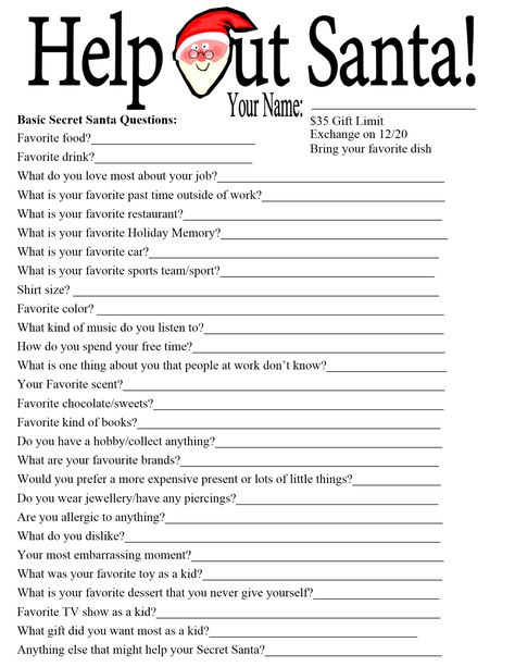 Santa's Lil' helper for workplace Secret Santa Celebrations. Secret Santa Templates, Secret Santa Questions, Secret Santa Form, Santa Questionnaire, Employee Perks, Secret Santa Questionnaire, Questionnaire Template, Santa Template, Secret Pal