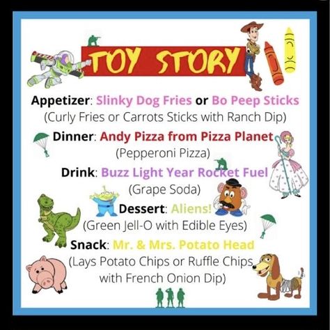 Toy Story Dinner And A Movie, Disney Theme Movie Night Ideas, Toy Story Dinner, Pixar Recipes, Movie Themed Food, Toy Story Movie Night, Themes Dinner Nights, Movie Meals, Disney Movie Themed Dinner