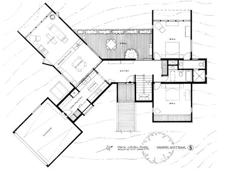 Maison Amtrak, Peter and Saly Cohen's home, is the latest of five spine and module houses he's designed. Clipping rooms, decks and the garage onto a central spine makes Cohen's designs high adaptable to different sites. Peter Cohen, Structural Insulated Panels, Floating House, Tiny House Living, Site Plan, Small House Plans, Architecture Plan, Architecture Drawing, House Tours