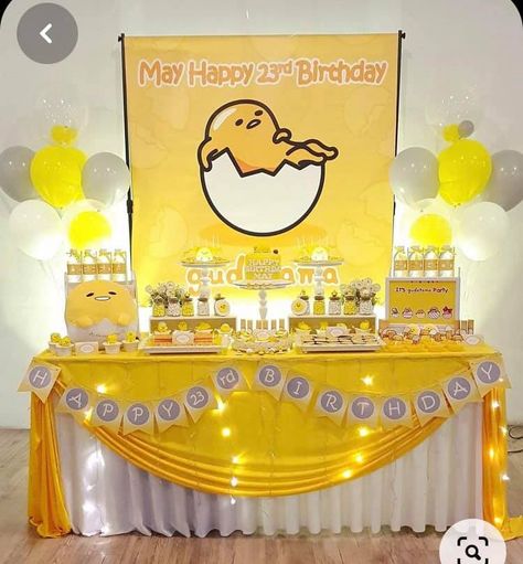 Gudetama Party Decoration, Gudetama Birthday Party, Gudetama Cake, Gudetama Party, Gudetama Birthday, Party Design Ideas, Egg Party, Happy 23rd Birthday, 33rd Birthday