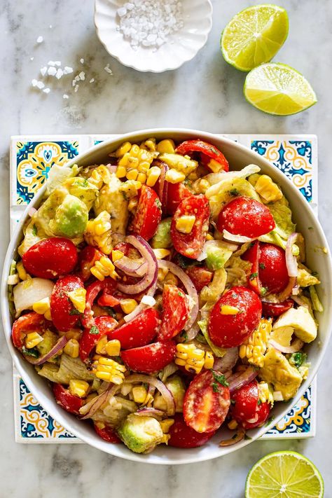 Mexican Tomato Salad With Corn Mexican Tomato Salad, Plan 2025, Tomato Feta Salad, Salad With Corn, Seasonal Produce, Feta Salad, Roasted Corn, Tomato Salad, In Season Produce