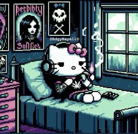 Gothic Hello Kitty Wallpaper, Hello Kitty Grunge Room, Hello Kitty Goth Wallpaper, Edgy Hello Kitty, Creepy Hello Kitty, Hello Kitty Aesthetic Grunge, Kuromi And Hello Kitty, Goth Hello Kitty, Punk Hello Kitty