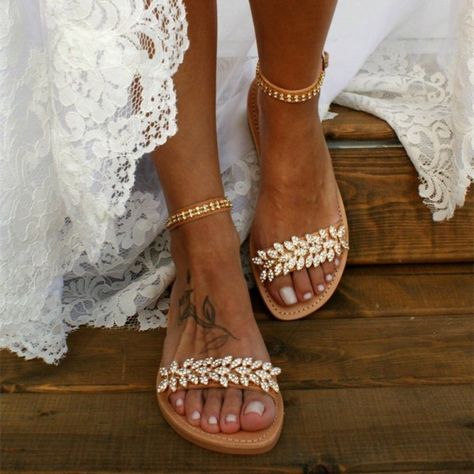 Tan Bridal Sandals Ankle Strap Rhinestone Flat Sandals for Wedding, Big day, Engagement | FSJ Bohemian Style Shoes, Flat Sandals Wedding, Beach Wedding Sandals, Beach Wedding Shoes, Summer Sandals Flat, Basic Heels, Rhinestone Flats, Wedding Flats, Bridal Sandals