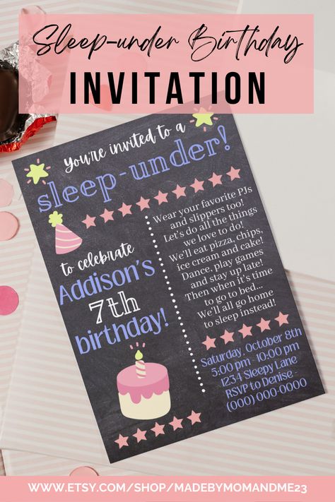 Celebrate your special girl's birthday with our "Sleep Under" 5x7" party invitation. This editable double-sided invite can be used for any birthday... 7th, 5th, 3rd, etc... simply by editing the text in this fully customizable Canva template. You can personalize the fonts, text size, text color and background color. You may also choose to print your invitation single / double-sided or send to your guests through text / social media. Sleep Under Party Invitations, Sleep Under Invitations, Sleep Under Party Ideas, Sleep Under Party, Birthday Pajama Party, Pajama Party Invite, Girls Pajamas Party, Girls 9th Birthday, 7th Birthday Party Ideas