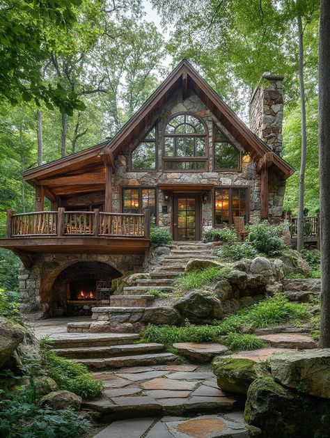 Mountain Home Exterior, Woodland House, Log Cabin Rustic, Building A Cabin, Small Cottage Homes, Stone Cottages, Cabin Exterior, Cozy Cabins, Dream Life House