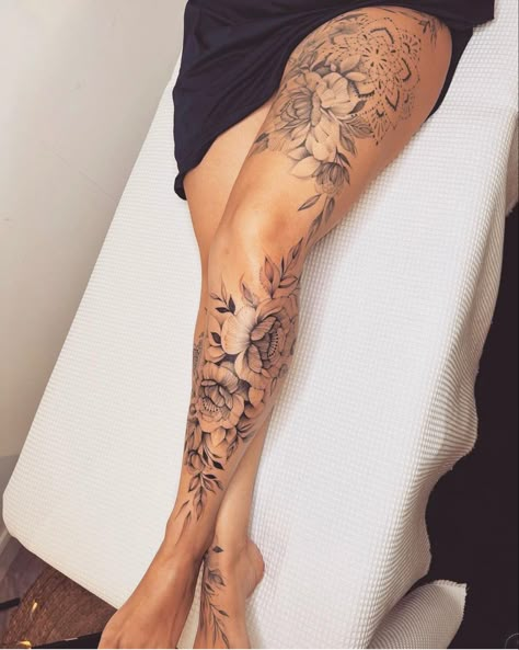 Hip To Ankle Tattoos, Leg Tiger Tattoos Women, Full Leg Flower Tattoos Women, Ladies Leg Sleeve Tattoo, Foot And Shin Tattoos For Women, Female Calf Tattoo For Women, Lower Side Leg Tattoos Women, Women With Leg Tattoos, Lotus Flower Hip Tattoo