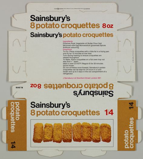 Sainsbury's 8 Potato Croquettes (1/4) packaging | SA/PKC/PRO/1/10/2/2/5/2 - Sainsbury's 8 Potato Croquettes (1/4) packaging | Search | Catalogue | Sainsbury Archive Croquette Packaging, Potato Croquettes, Croquettes, Vegetable Oil, Packaging Design, Potato, Packaging, Baking, 10 Things