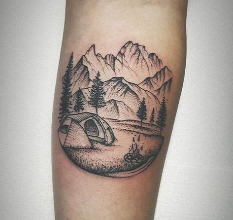 Backpacking Tattoo Ideas, One With Nature Tattoo, Backpacking Tattoo, Roadtrip Tattoo, Tattoo Camping, Bicep Tattoo Women, Outdoor Tattoo, Mountain Embroidery, Camping Tattoo