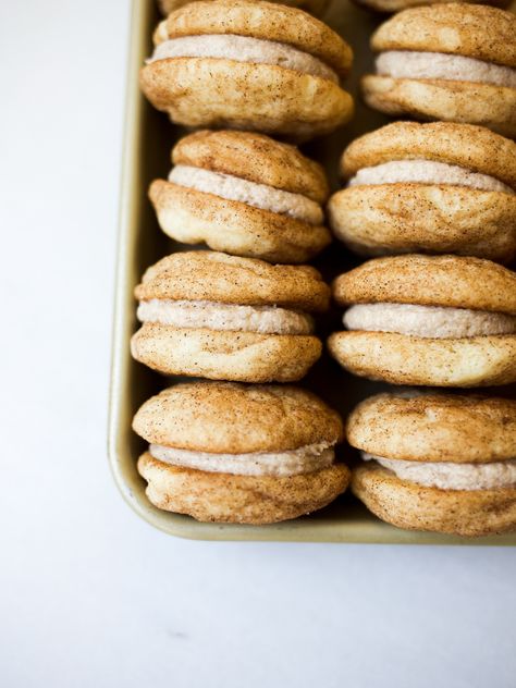 Snickerdoodle Sandwich Cookies, Soft And Chewy Snickerdoodle Cookies, Chewy Snickerdoodle Cookies, Cinnamon Buttercream, Crunch Bar, Cinnamon Butter, Buttercream Filling, Dessert Ingredients, Wood Spoon