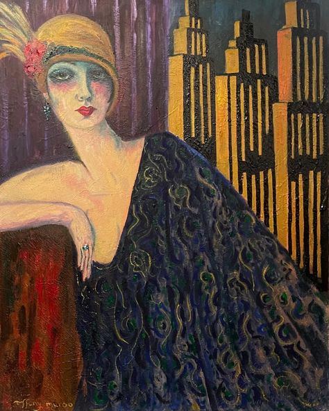 ' The Penthouse, New York ' Oil on wood #1920s #1920sfashion #artdeco #oilpainting #art #artist #artoftheday #artwork #artistic #flapper #cityscape #womanpainting #1920spainting #1920swoman #nostalgia #newyork #1920sartdeco #jazzage #goldenage #skyscrapers #oilonwoodpainting #artdecoera #highsocietyelegance 1920s Artwork, 1920s Paintings, Penthouse New York, Sketch Tips, 20s Art, 1920s Women, The Penthouse, Ginger Rogers, 1920s Style