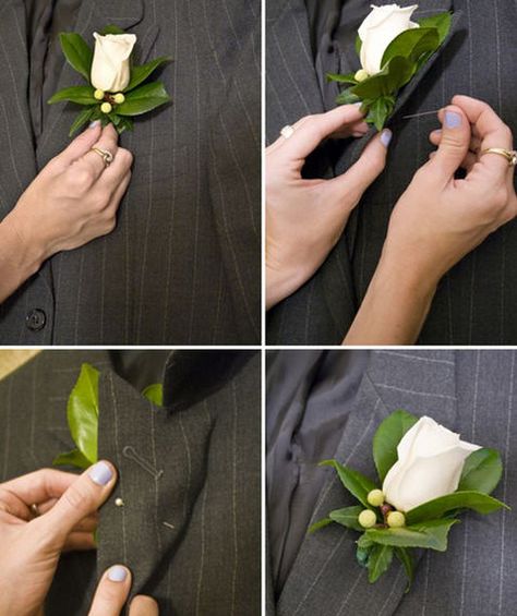 Boutannaires Diy, How To Pin A Boutonniere, Corsage Diy, Diy Boutonniere, Groomsmen Boutonniere, Corsage And Boutonniere, Bridal Bouquet Flowers, Lapel Flower, Prom Flowers