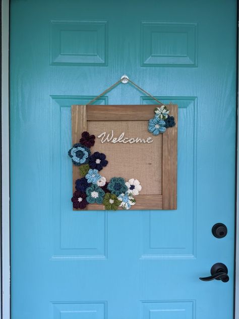 Crochet and string art Welcome sign for the front door. Crochet Front Door Decor, Crochet Welcome Sign, Perler Bead Welcome Sign, Crochet Door Hanging Free Pattern, Love And Stitch Crochet Wall Hanging, Crafts For Seniors, Door Sign, Cuckoo Clock, String Art