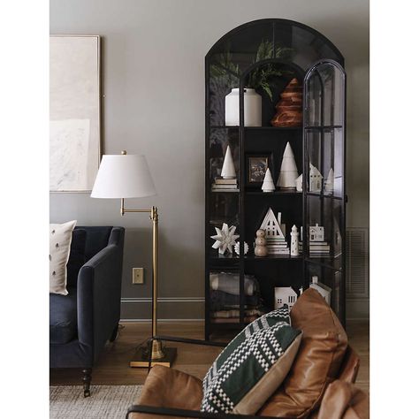 Ventana Black Glass Display Curio Storage Cabinet + Reviews | Crate & Barrel Painted Shelves, Townhouse Decor, Beauty Display, Arched Cabinet, Flameless Tea Lights, Modern Holiday Decor, Ceramic Tree, Glass Panes, Christmas Dining Table