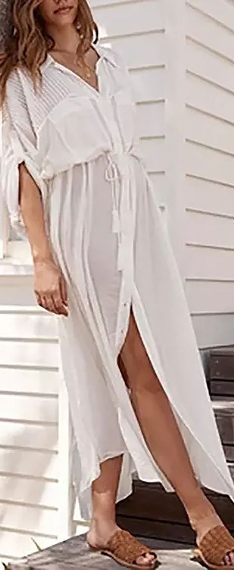 White Beach Cover Up, Unique Swimsuits, Cotton Tunic Dress, Split Long Dress, Hippy Chic, Beach Coverup Dress, Beach Maxi Dress, Swimwear Outfit, Fashion Mode