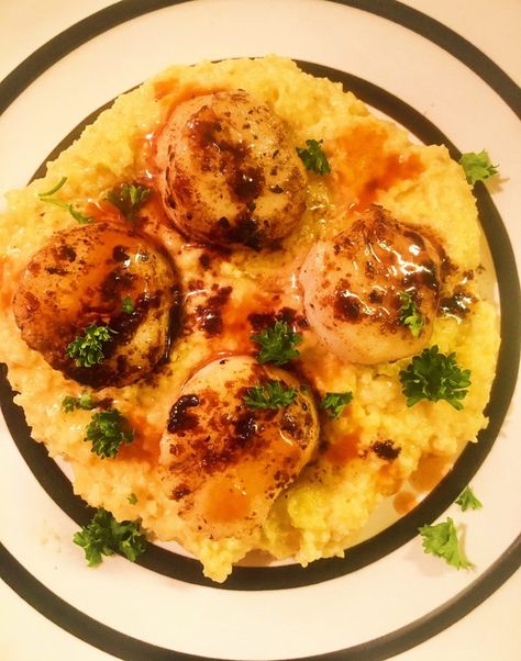 Scallops & Grits Scallops With Grits, Shrimp Scallops And Grits, Scallops And Cheese Grits, Scallop And Grits Recipes, Scallops And Grits, Seafood Grits Recipe, Scallops And Grits Recipe, Seafood Grits, Scallops With Corn