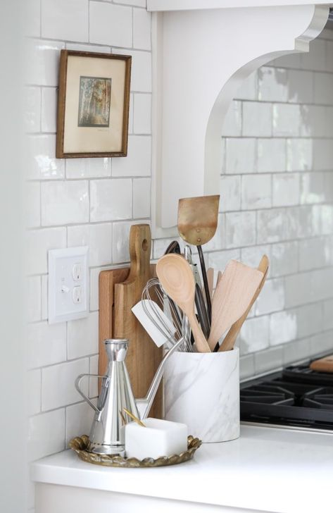 Small White Kitchens, Hallway To Bedrooms, Antique Knobs, Kitchen Countertop Decor, Large Glass Jars, Countertop Decor, Wood Corbels, Farm Kitchen, Decorative Mouldings