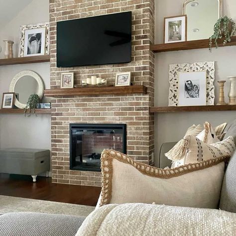 22 Innovative Living Room TV Wall Ideas With Style Mantel On Brick Fireplace, Brick Fireplace With Tv Above, Room Tv Wall Ideas, Living Room Tv Wall Ideas, Above Fireplace Ideas, Brick Chimney Breast, Tv Above Fireplace, Tv Wall Ideas, Brown Furniture Living Room