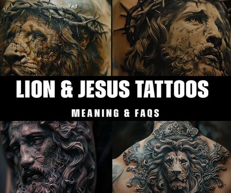 What is the symbolic meaning behind lion and Jesus tattoos? Lion And Jesus Tattoo, Jesus Tattoos, Love And Sacrifice, Berber Tattoo, Lion Of Judah Jesus, Jesus Tattoo, Text Tattoo, Strong Faith, Modern Tattoos